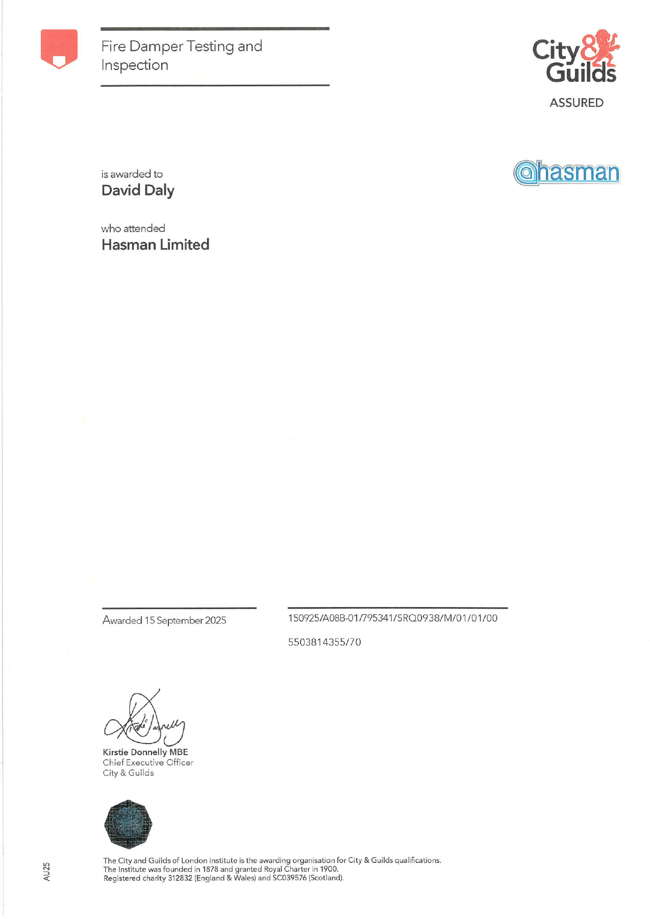 David Daly’s City & Guilds Fire Damper Testing and Inspection certificate